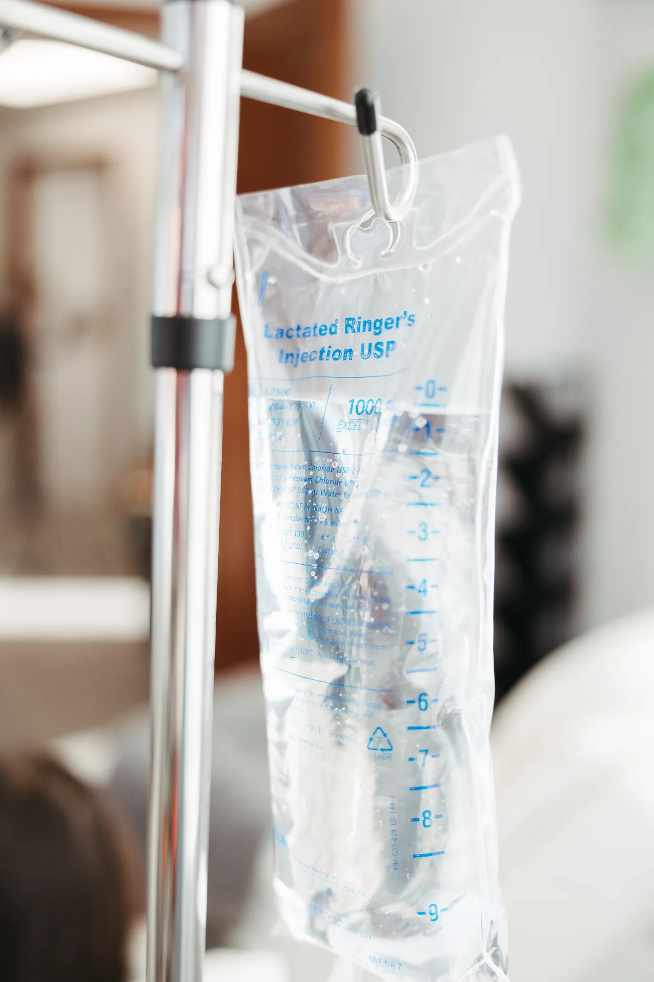 Close up of an IV Therapy drip bag.